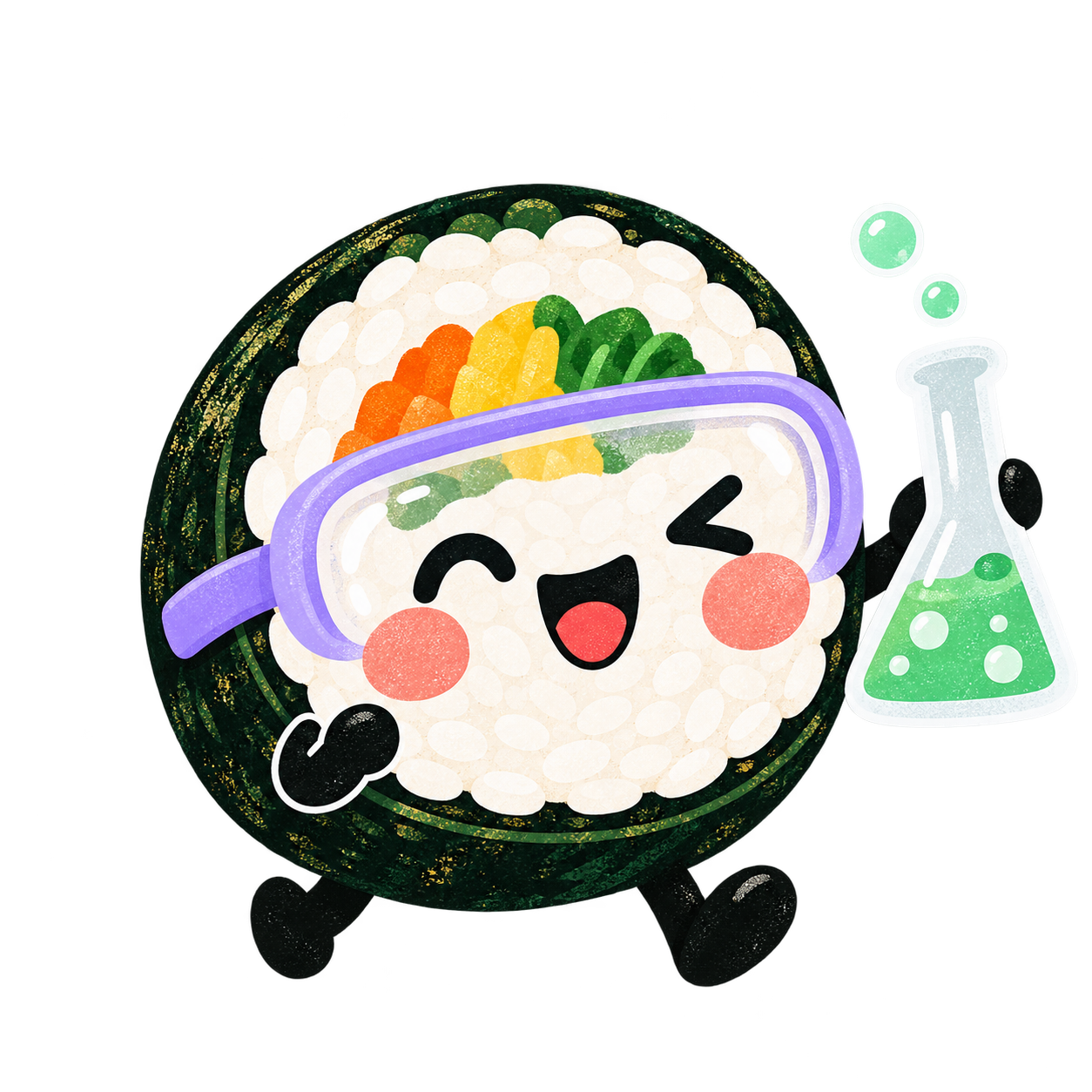 Our rice-roll mascot wears goggles and holds a bubbling flask.